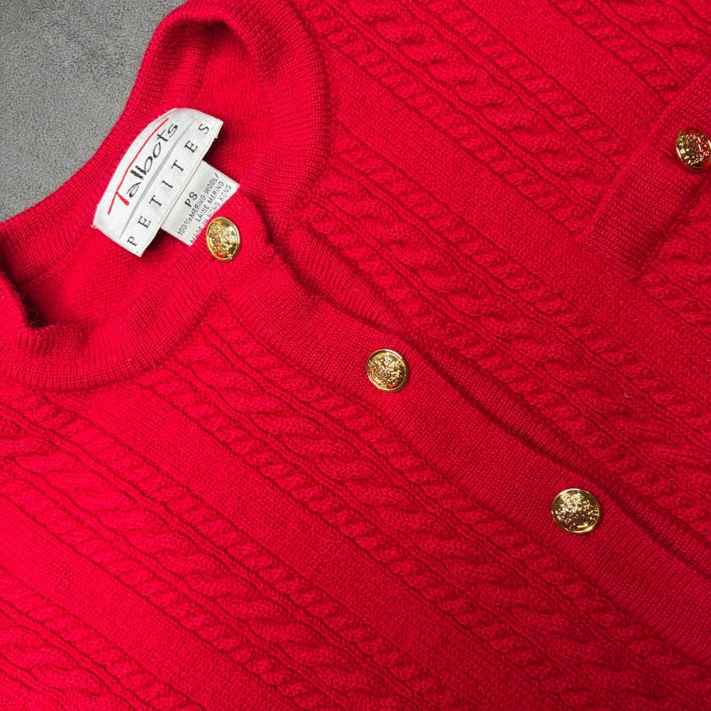 Vtg Talbots Cardigan Sweater Womens Sz S Red Merino Wool Cable Knit Gold Buttons